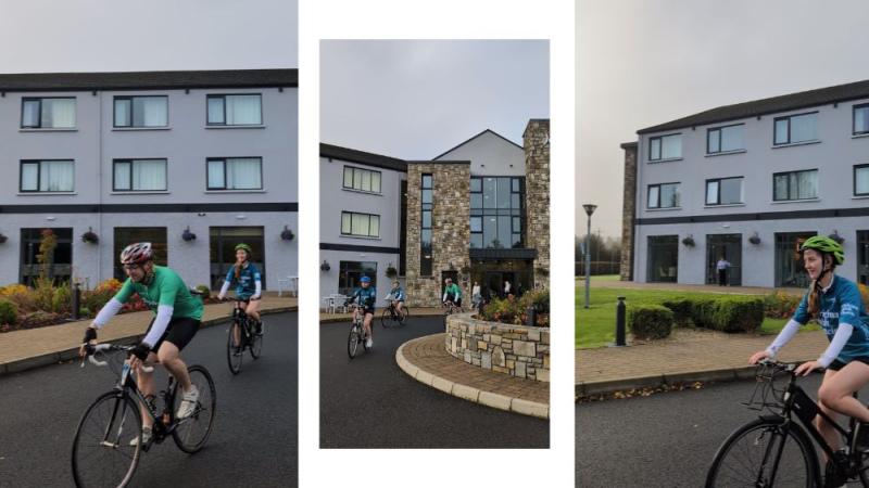 Collage of Charity Challenge Cyclists Setting Off From Kiltimagh Park Hotel